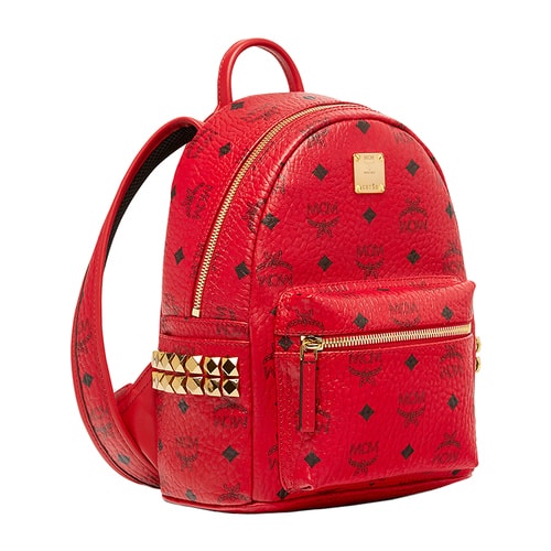MCM/MCM STARK BACKPACK系列品牌標(biāo)志圖案金屬鉚釘裝飾紅色PVC涂層里襯小牛皮女士迷你雙肩包#MMK6AVE41 RU001