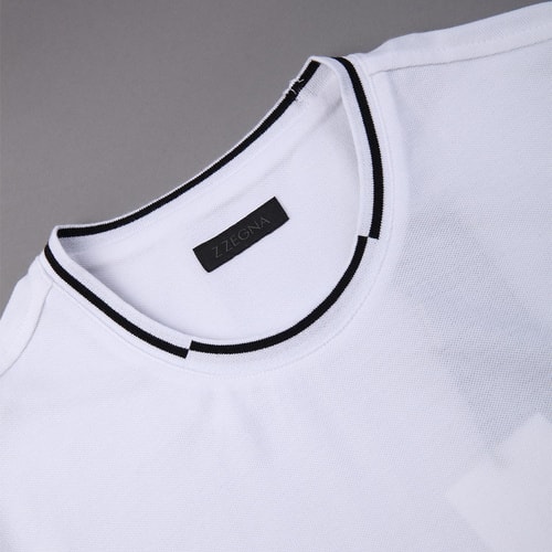 ERMENEGILDO ZEGNA/杰尼亞白色純棉條紋領邊男士T恤（短袖）,VI340 N00,XL