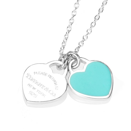 Tiffany & Co./蒂芙尼 女式925純銀藍色時尚雙心琺瑯項鏈 18英寸 TBDZ0079
