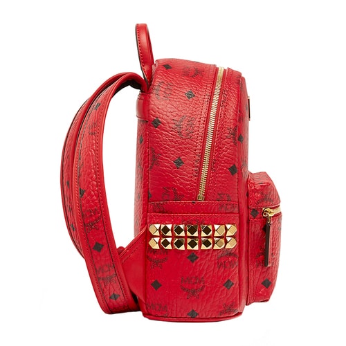 MCM/MCM STARK BACKPACK系列品牌標(biāo)志圖案金屬鉚釘裝飾紅色PVC涂層里襯小牛皮女士迷你雙肩包#MMK6AVE41 RU001
