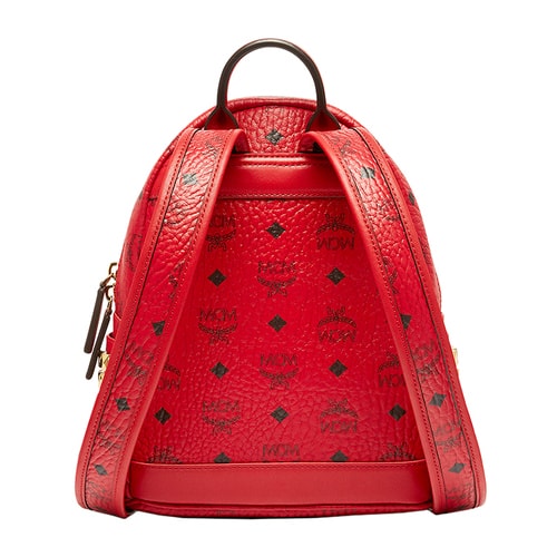 MCM/MCM STARK BACKPACK系列品牌標(biāo)志圖案金屬鉚釘裝飾紅色PVC涂層里襯小牛皮女士迷你雙肩包#MMK6AVE41 RU001
