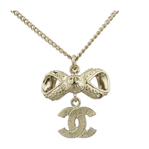 CHANEL/香奈兒 淡金色雙C鑲水鉆蝴蝶結吊墜項鏈