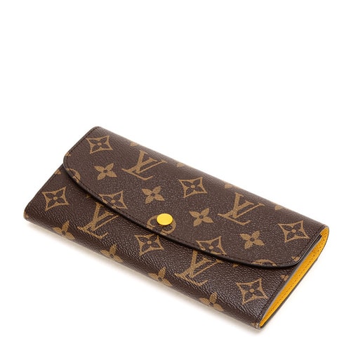 Louis Vuitton/路易威登 老花按扣長(zhǎng)款女士錢包Emilie帆布/配皮 新款招財(cái)黃色